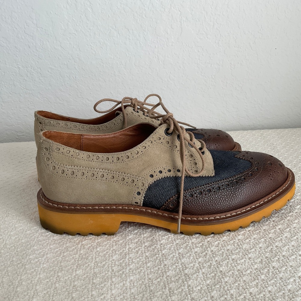 Donald J Pliner Boris Wingtip Oxford Brown Blue Cream Mens 9.5 Italy Pre-Owned - Picture 5 of 10